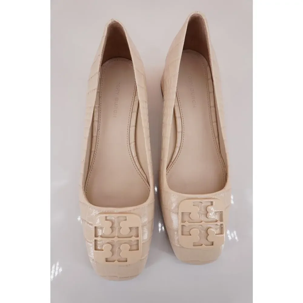 Tory Burch Georgia Square Toe Block Heel Pump SZ 5 New Cream Croc Leather Logo
